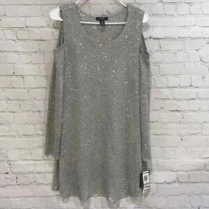 Alfani Cut Out Cold Shoulder Sequin Silver Stretch Sweater Cami Set